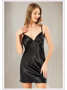 Miss Laris Siyah Sırt V Dekolteli İnce Askılı Saten Gecelik Miss Laris 2140