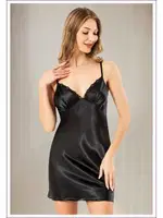 Siyah Sırt V Dekolteli İnce Askılı Saten Gecelik Miss Laris 2140 Siyah