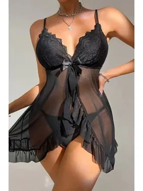 Ruselin Siyah Tül Dantel İşlemeli Transparan Seksi Kadın Fantezi Gecelik Ruselin 2117
