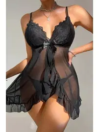 Ruselin Siyah Tül Dantel İşlemeli Transparan Seksi Kadın Fantezi Gecelik Ruselin 2117