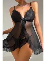 Siyah Tül Dantel İşlemeli Transparan Seksi Kadın Fantezi Gecelik Ruselin 2117 Siyah detay görünüm