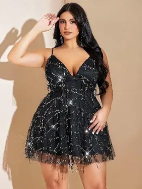 Pink Night Siyah Tül Detaylı Payetli Büyük Beden Mini Seksi Gece Elbisesi Pink Night 6502