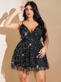 Pink Night Siyah Tül Detaylı Payetli Büyük Beden Mini Seksi Gece Elbisesi Pink Night 6502