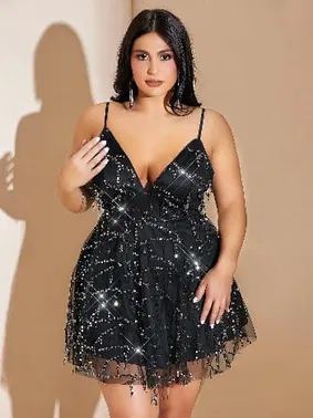 Pink Night Siyah Tül Detaylı Payetli Büyük Beden Mini Seksi Gece Elbisesi Pink Night 6502 - Alternatif Görünüm