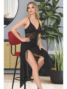İzabel Siyah Yırtmaçlı Seksi Tül Uzun Erotik Gecelik - Alternatif Görünüm