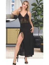İzabel Siyah Yırtmaçlı Seksi Tül Uzun Erotik Gecelik