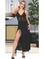 Siyah Yırtmaçlı Seksi Tül Uzun Erotik Gecelik Siyah