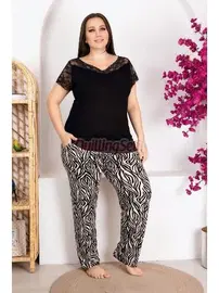 Lady Siyah Zebra Desenli Kısa Kol Büyük Beden Pijama Takımı Lady 10951