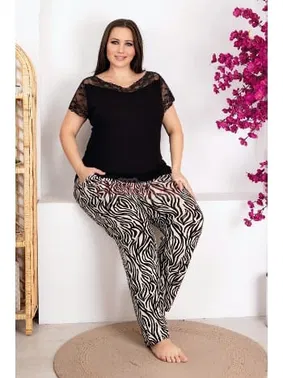 Lady Siyah Zebra Desenli Kısa Kol Büyük Beden Pijama Takımı Lady 10951 - Alternatif Görünüm