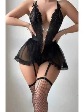 Ruselin Siyah Zincir Detaylı Dantel Fantezi Takım Ruselin 2235