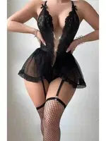 Siyah Zincir Detaylı Dantel Fantezi Takım Ruselin 2235