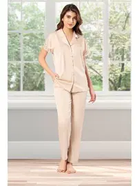 Pink Night Somon Kısa Kollu Kolları Dantel Gömlek Pijama Takım Pink Night 1204