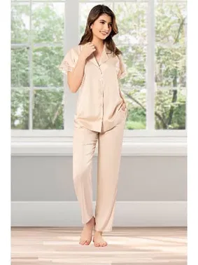 Pink Night Somon Kısa Kollu Kolları Dantel Gömlek Pijama Takım Pink Night 1204 - Alternatif Görünüm