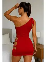 Metal Aksesuarlı Tek Omuz Kısa Fantazi Elbise Venlisa 9202 Kırmızı görsel 4