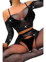 Taşlı File Seksi Kadın Vücut Çorabı Siyah Real Passione 31022 Siyah detay görünüm