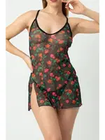 Transparan Çiçek Desenli Fantezi Kadın Gecelik SHE 1367 Siyah detay görünüm