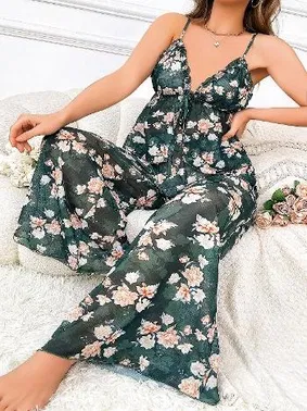 Pink Night Transparan Çiçek Desenli İnce Askılı Büyük Beden Pijama Takımı Pink Night 6956
