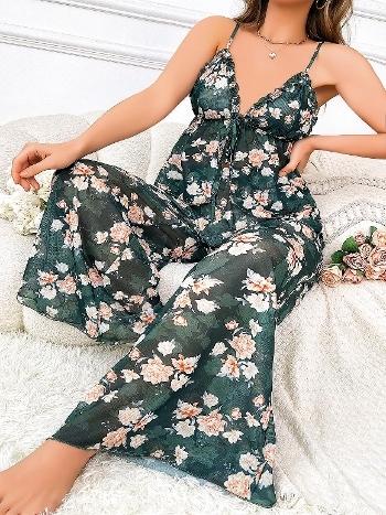 Transparan Çiçek Desenli İnce Askılı Büyük Beden Pijama Takımı Pink Night 6956