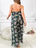 Transparan Çiçek Desenli İnce Askılı Büyük Beden Pijama Takımı Pink Night 6956 Yeşil detay görünüm