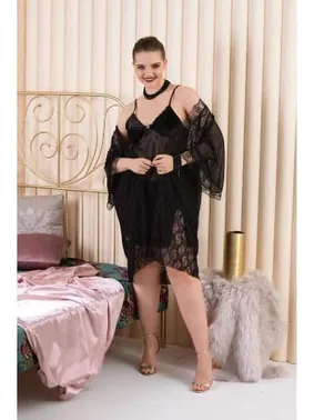 İzabel Transparan Dantelli 3lü Sabahlık Gecelik Takımı İzabel 6009 