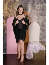 İzabel Transparan Dantelli Büyük Beden Gecelik Sabahlık Takımı İzabel 6003