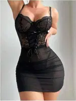 Transparan Korse İpli Dantelli Tül Fantazi Gecelik  Real Passione 4074 Siyah