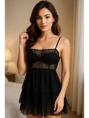 Venlisa Katlı İnce Askılı Fantazi Tül Kısa Gecelik Venlisa 2210