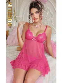Ruselin Tül Dantel Pembe Seksi Kadın Gecelik Ruselin 2205