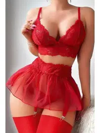 Ruselin Tül Etekli Kırmızı Bralet Erotik Jartiyer Takım Ruselin 2199