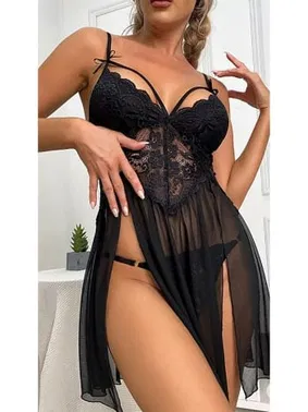 Loomerie Tül Siyah Transparan Dantel İşlemeli Kadın Siyah Fantezi Gecelik Loomerie 527