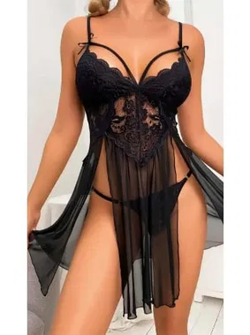 Loomerie Tül Siyah Transparan Dantel İşlemeli Kadın Siyah Fantezi Gecelik Loomerie 527 - Alternatif Görünüm