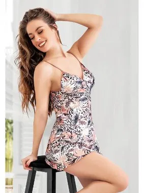 Miss Laris Üçgen Yaka Çiçek Desenli İnce Askılı Saten Fantazi Kadın Gecelik Miss Laris 2067