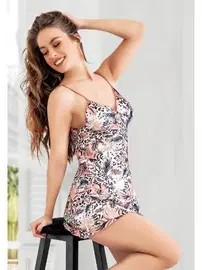 Miss Laris Üçgen Yaka Çiçek Desenli İnce Askılı Saten Fantazi Kadın Gecelik Miss Laris 2067