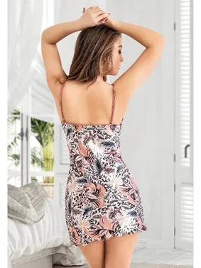 Miss Laris Üçgen Yaka Çiçek Desenli İnce Askılı Saten Fantazi Kadın Gecelik Miss Laris 2067 - Alternatif Görünüm