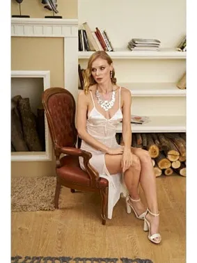 İzabel Üst Saten Transparan Dekolteli Tül 2 Parça Fantezi Uzun Gecelik Takımı İzabel 02038