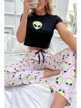 Merry See Uzaylı Baskılı Kısa Kollu Pijama Takımı Merry See MS 4085 Çok Renkli