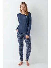 Arnetta Uzun Kollu Desenli Mavi Kadın Pijama Takımı Arnetta 3400-S