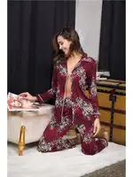 Uzun Kollu Düğmeli Desenli Kadın Pijama Takımı İzabel 4006 Bordo