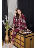 Uzun Kollu Düğmeli Desenli Kadın Pijama Takımı İzabel 4006 Bordo detay görünüm