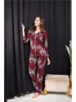 Uzun Kollu Düğmeli Desenli Kadın Pijama Takımı İzabel 4006 Bordo farklı açı