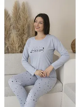 Estiva Uzun Kollu Kalp Desenli Yazlık Viskon Kadın Pijama Takımı Estiva 25112 - Alternatif Görünüm