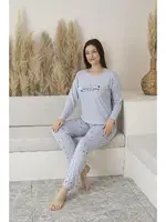 Uzun Kollu Kalp Desenli Yazlık Viskon Kadın Pijama Takımı Estiva 25112 Mavi görsel 5