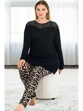 Lady Uzun Kollu Leopar Desenli Büyük Beden Kadın Pijama Takımı Lady 11387