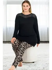 Lady Uzun Kollu Leopar Desenli Büyük Beden Kadın Pijama Takımı Lady 11387