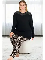 Uzun Kollu Leopar Desenli Büyük Beden Kadın Pijama Takımı Lady 11387 Siyah