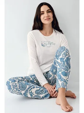 Pierre Cardin Uzun Kollu Önü Yazılı Cepli Desenli Kadın Pijama Takımı Pierre Cardin PC9074-S