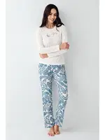 Uzun Kollu Önü Yazılı Cepli Desenli Kadın Pijama Takımı Pierre Cardin PC9074-S Krem detay görünüm