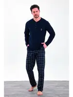 Uzun Kollu Yazlık Kareli Düğmeli Penye Erkek Pijama Takımı Estiva 25288 Lacivert farklı açı