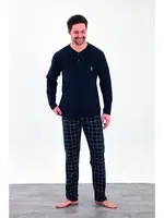 Uzun Kollu Yazlık Kareli Düğmeli Penye Erkek Pijama Takımı Estiva 25288 Lacivert görsel 5