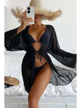 Angelsin Uzun Önden Bağlamalı Plaj Elbisesi Pareo Kimono Angelsin MS 4363 Siyah